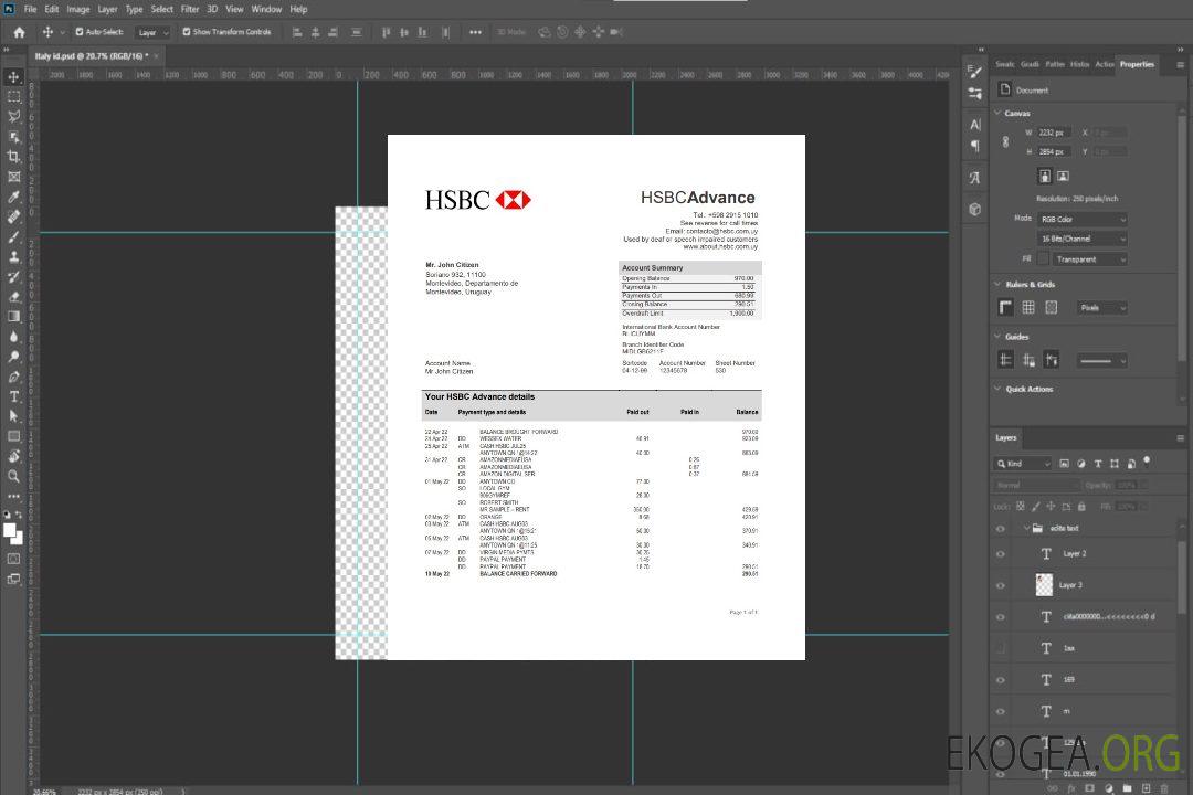 Relevé bancaire HSBC Uruguay template